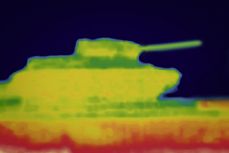 Infrared image of a tank on a pedestal