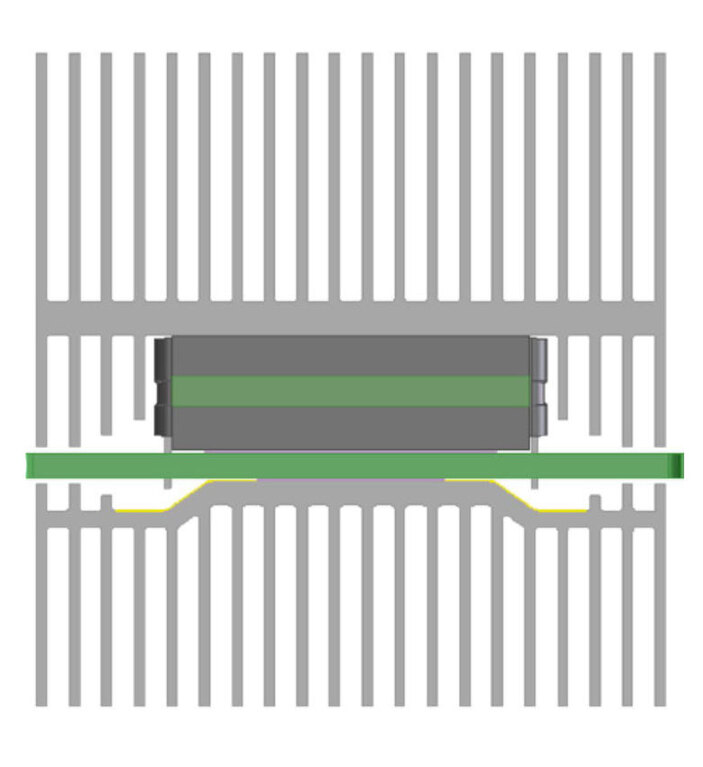 Cross-section of heatsink enabling top- and bottom-side cooling